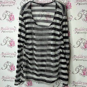 Tripp NYC long sleeve mesh fish net Black and White Striped Blouse swoop neck